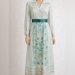 1970s Alfred Shaheen hostess dress with dagger collar.